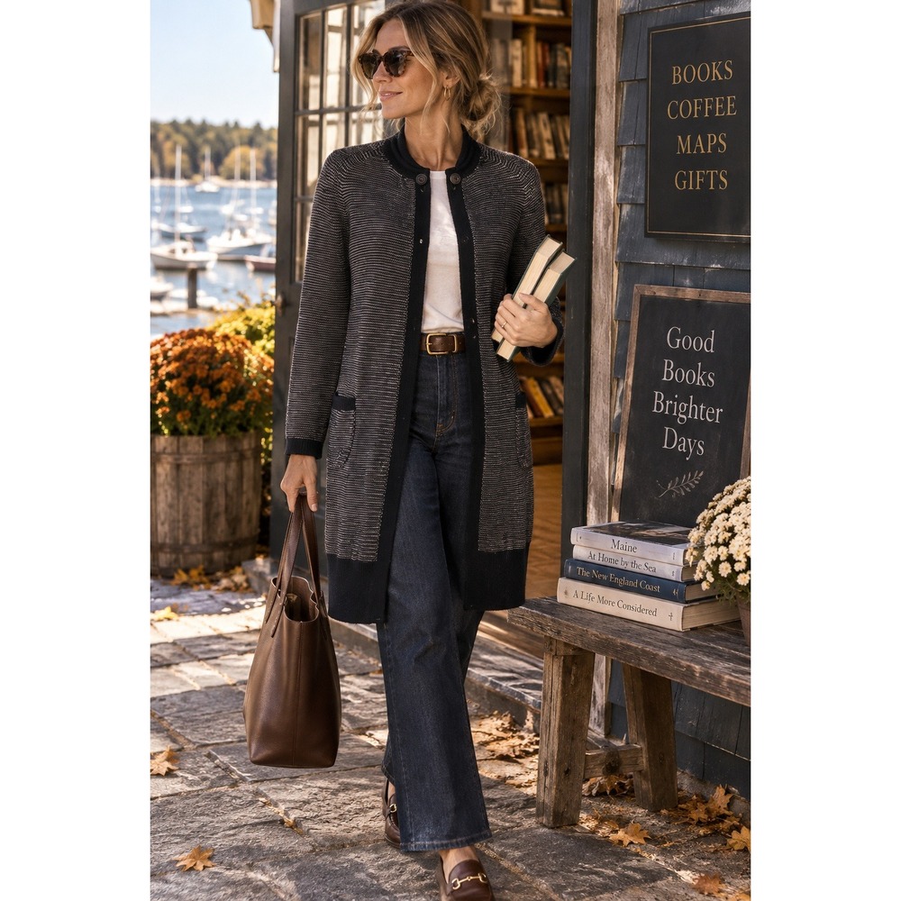 Piazza Sempione Navy Grey Wool Mohair Knit Long Cardigan Coat Italy 42 US 6